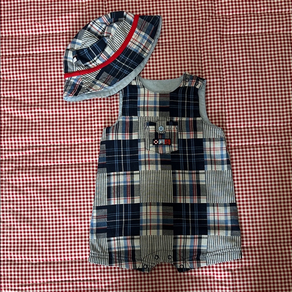 Little Me Checkered Hat and Romper Set - Blue, Black, Red